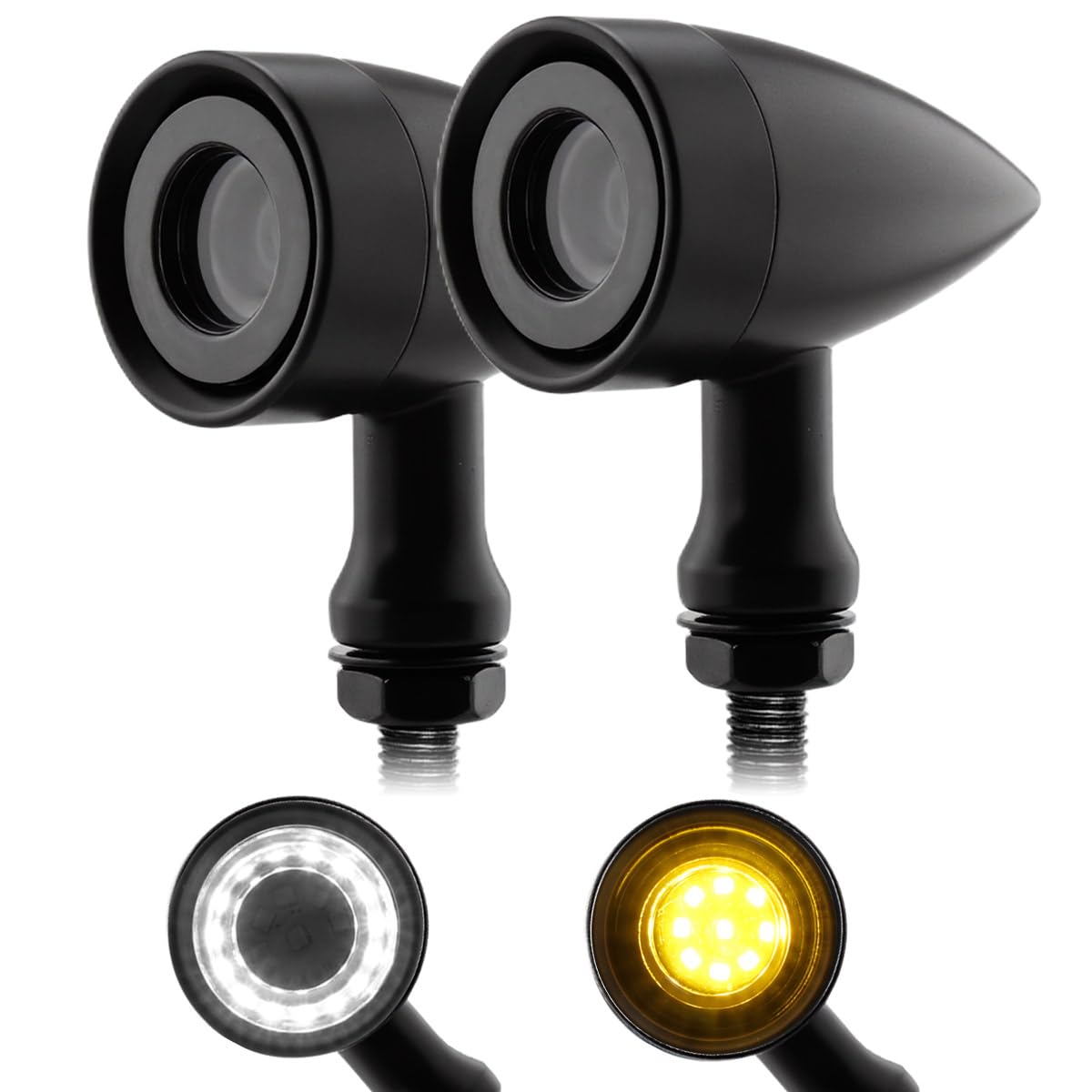 TSUNG Universal Motorcycle LED Turn Signals Lights Small Bullet Front Rear Blinkers Tail Lights for Cruiser Chopper Bobber Cafe Racer Street Bike (RING-Black, White&amp;Amber)