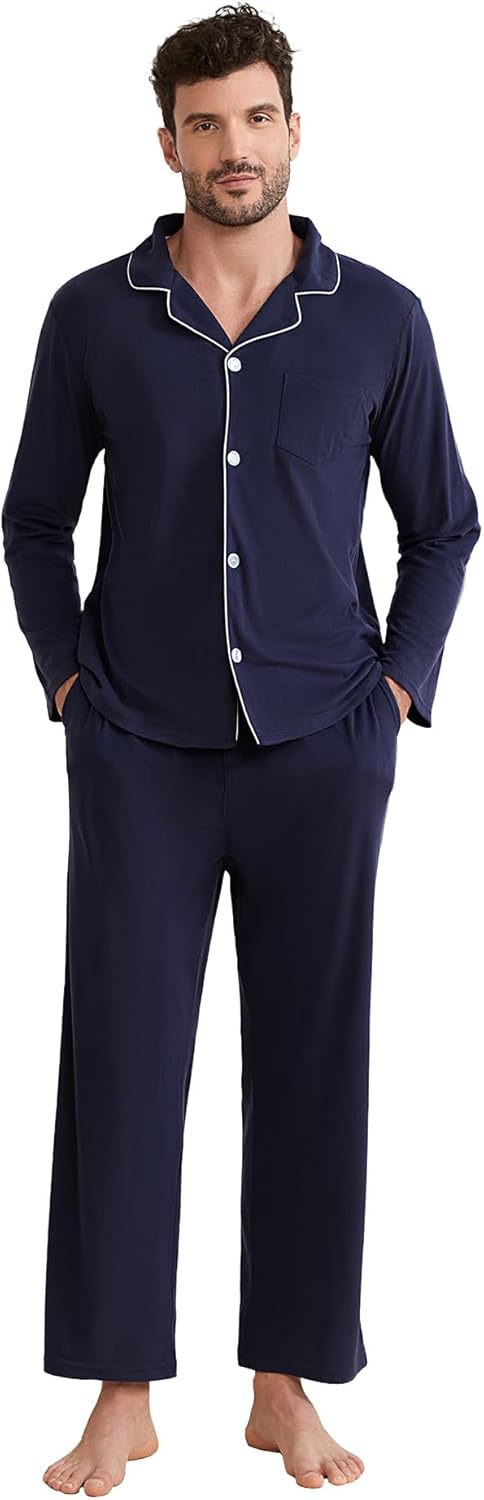 Vulcanodon Mens Button Down Pajama Set, Soft Classic Lapel Sleepwear Flannel Long Sleeve Pajama Set for Men