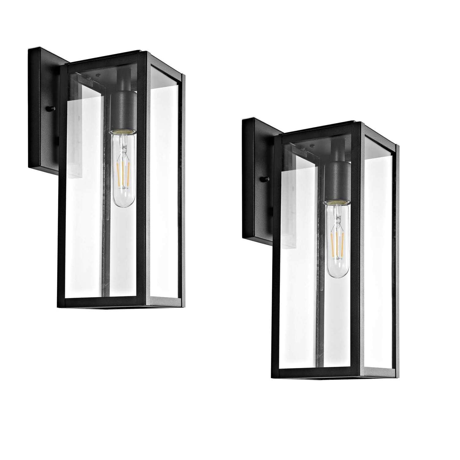 2-Pack Matte Black Outdoor Wall Sconces - 15" Height, Waterproof, Clear Glass Shade, E26 Socket For Porch, Garage, Front Door