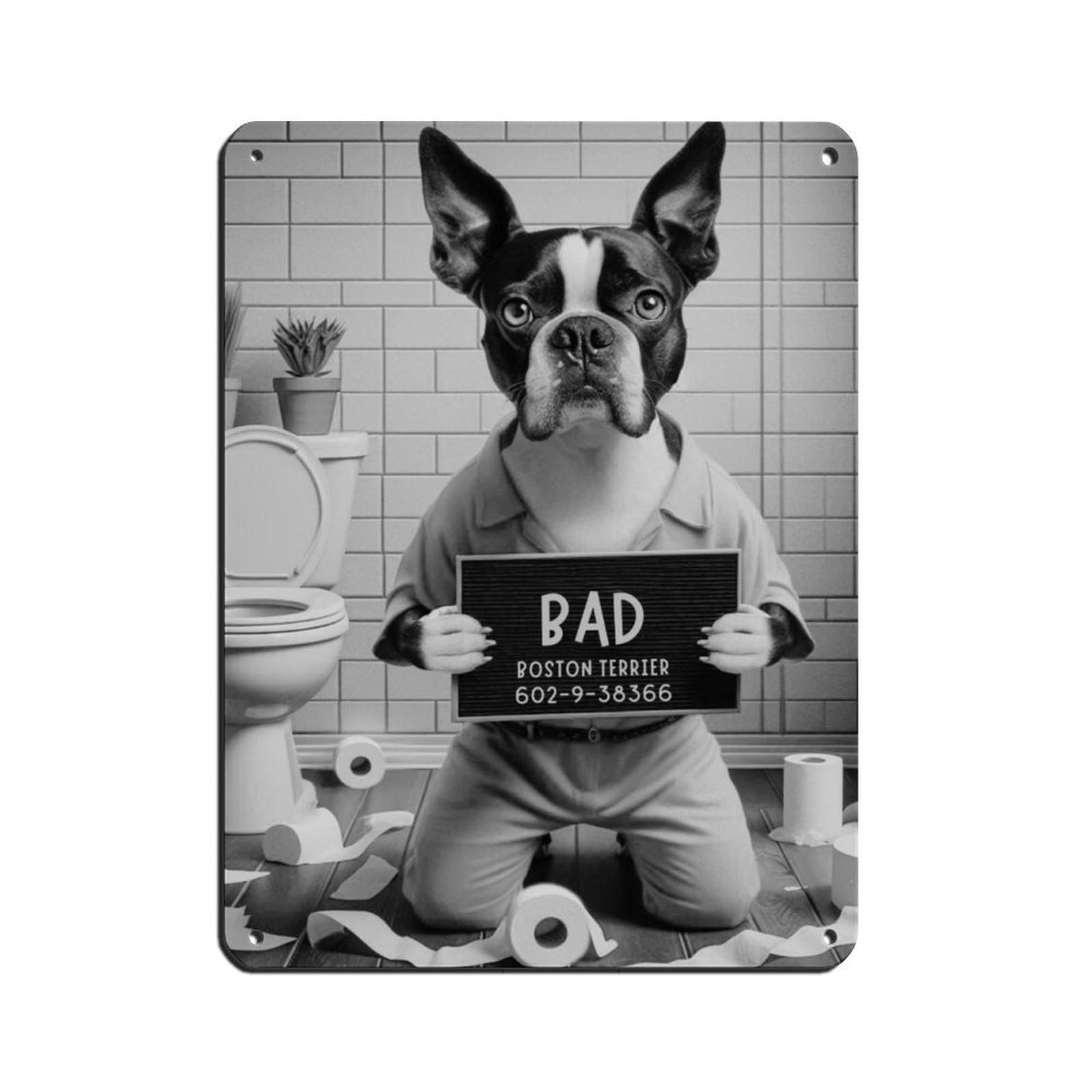 Bad Boston Terrier Bathroom Art Retro Poster Metal Tin Sign Chic Art Retro Iron Painting Bar People Cave Cafe Family Garage Poster Wall Decoration 12x16inch(30x40cm)