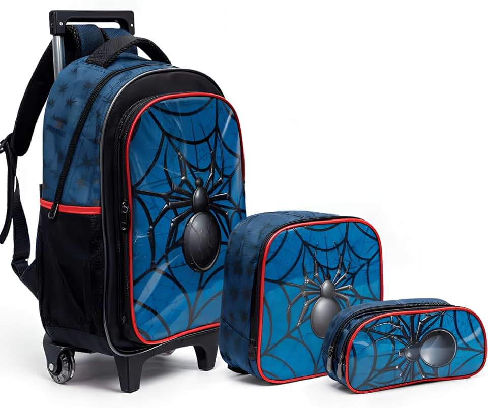 Spider Mochila de Rodinhas Escolar Infantil com Estojo e Lancheira, Tema Aranha, Azul