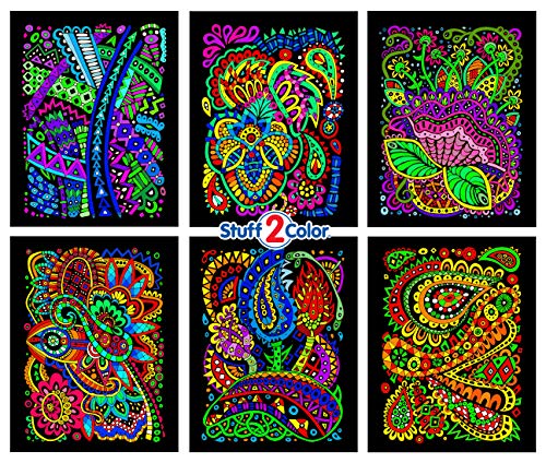 Tangles - 6 Pack of Fuzzy Velvet Coloring Posters for Adults, Kids, Toddlers, Girls, and Boys (All Ages Arts and Crafts Activity) - Perfect for Stress Relief, Vacation, Travel, or Plane