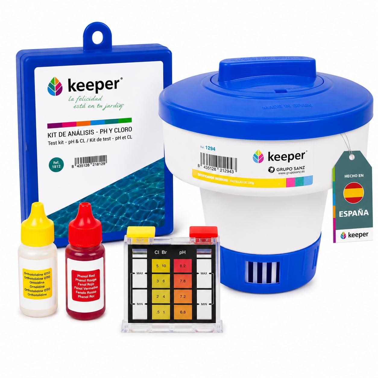 SIQUA Chlorine Dispenser and Chlorine and pH Meter Pack Swimming Pools Maintenance Pack with Chlorine Meter and Dispenser – Phenol Red and OTO Reactive Drops – Dispenser Made in Spain
