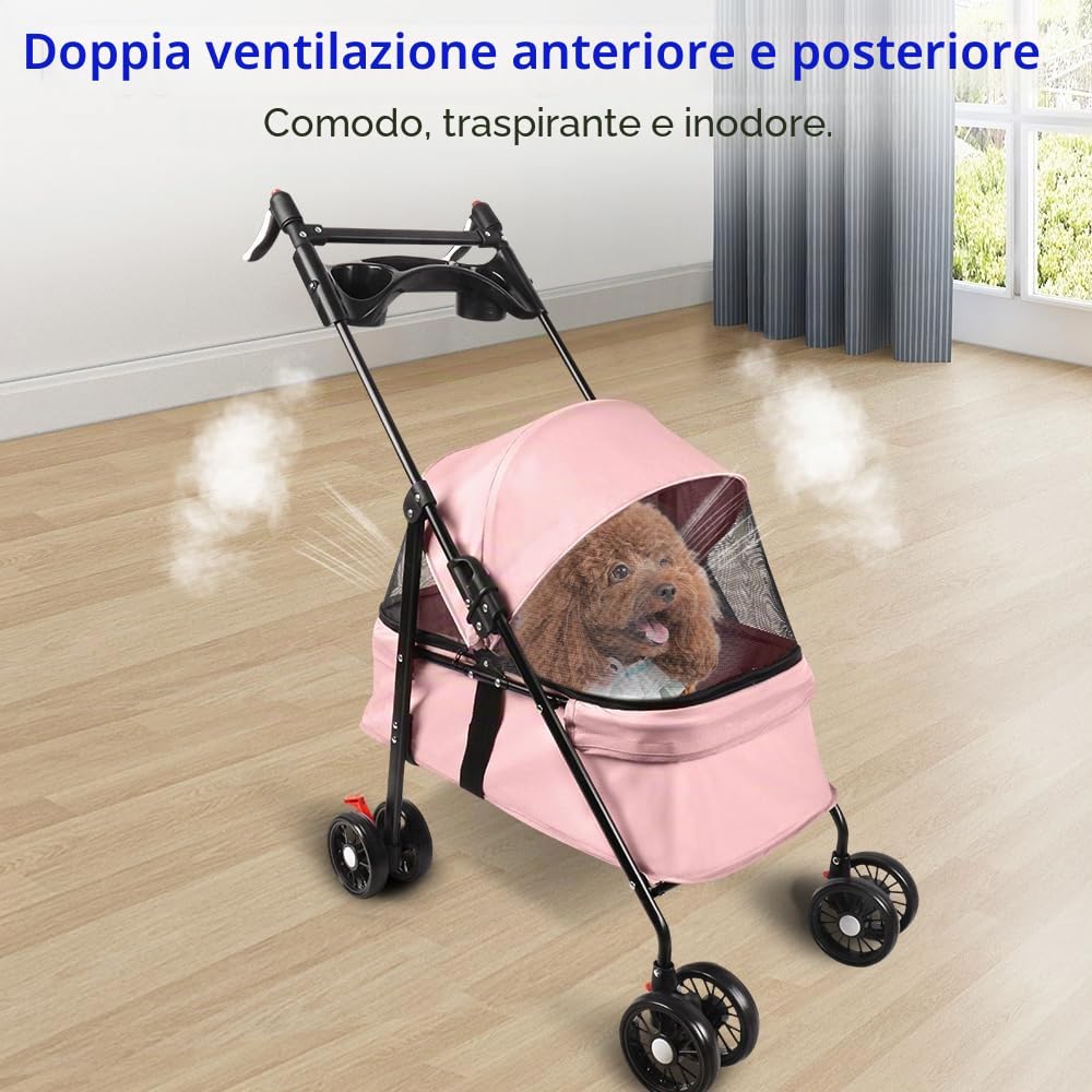 Homewell Passeggino per cani 2 in 1, con 2 portabevande, pieghevole, con freno di stazionamento, passeggino per animali domestici, 50 x 70 x 99 cm (rosa)