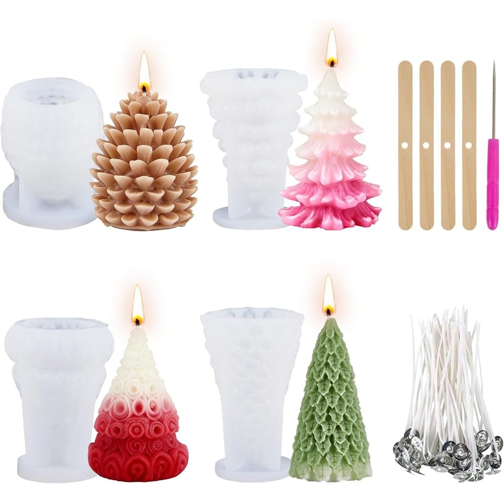 Vjsujehgy Silicone Molds 4PCS Christmas Tree Pine Cone for Candle Making, DIY Xmas Handmade for Candles