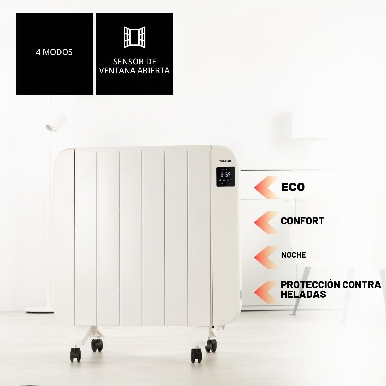 Taurus - Radiador Eléctrico 1500W, 6 Elementos, Programable 24/7, LCD