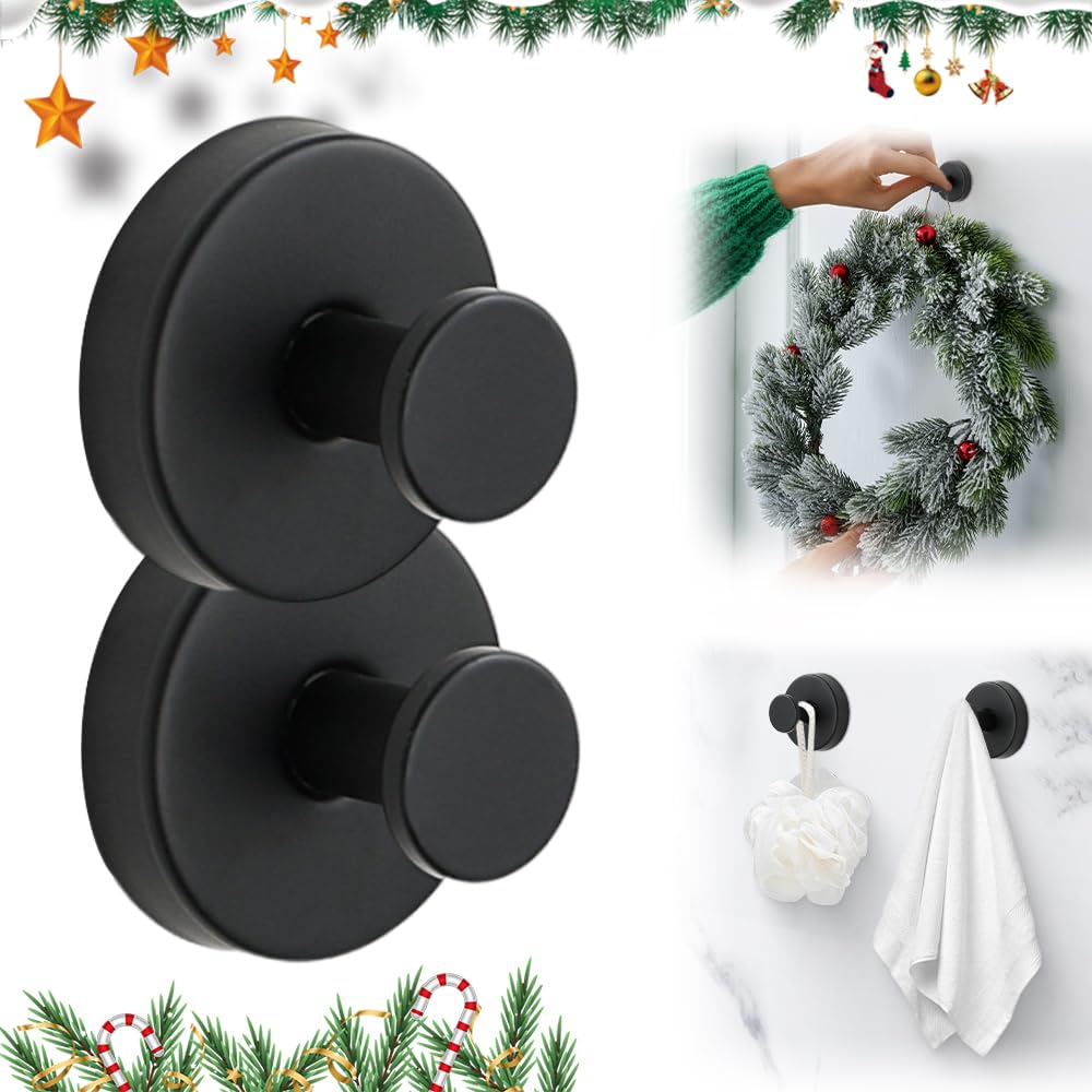Luxe Hold - Ganchos sin taladro, ganchos con ventosa para coronas en vidrio, acero inoxidable, impermeable, soporte para colgar coronas, ducha, baño y toallas colgantes (2, negro)