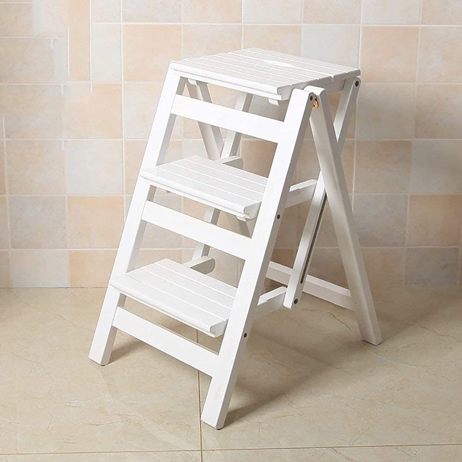 ZGYOZMNG Step Stool Wooden Folding Step Stool Portable Ladder Chair Stool Multifunction Stepladder/Stairway Chair (White 3 layers) (White 3 layers)