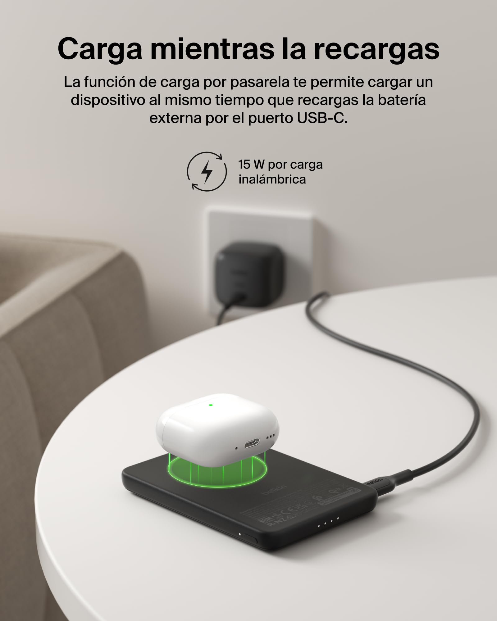 Belkin BoostCharge Batería Externa 5000 mAh con Anillo Magnético - Negro | Power Bank 5000 mAh, Anillo Magnético para Accesorios, 1 Puerto USB-C, Precargada y con Cable, Batería Portátil Inalámbrica