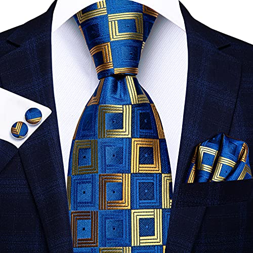 Image of Hi-Tie Mens Plaid Ties Classic Paisley Necktie with Handkerchief Cufflinks Set Business Stripe Tie
