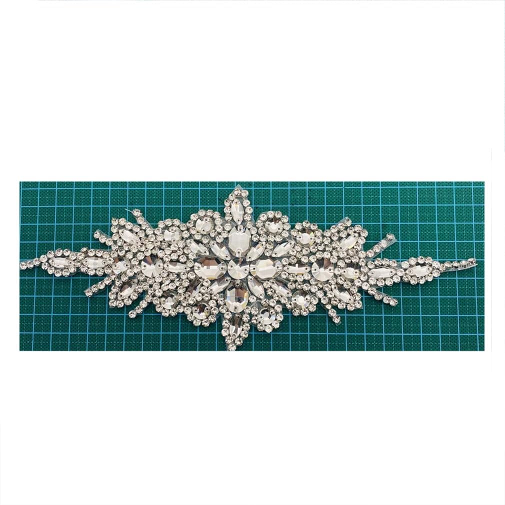 Generic 5Pcs Handmade Crystal Beaded Rhinestone Applique Sew/Iron On Bridal Sash Belt Decorative Patches, Silver