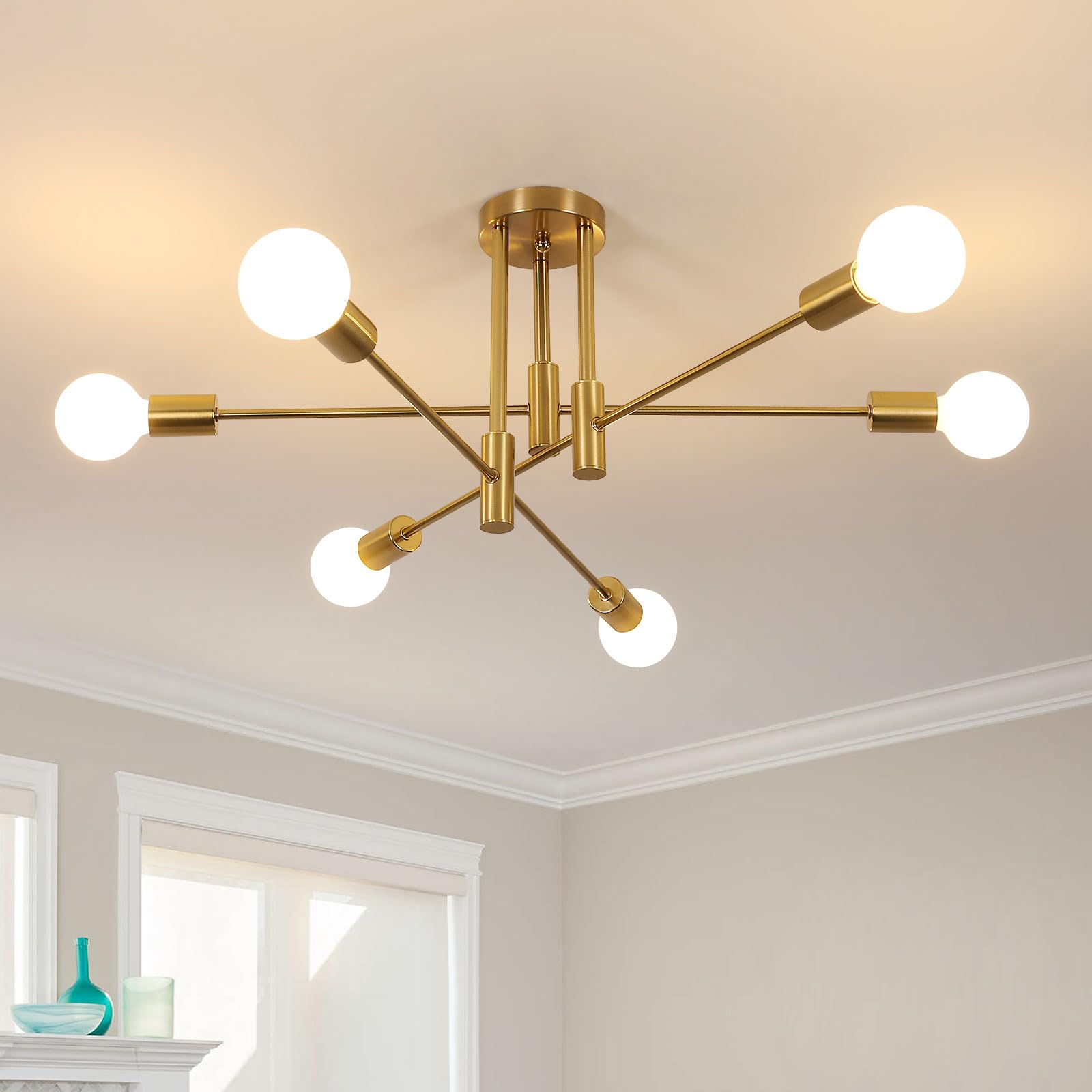 Goeco Vintage Ceiling Light 6 Bulbs E27 Socket Max 60W Gold Chandelier Retro Sputnik Ceiling Lamp for Bedroom Living Room Kitchen Bulbs Not Included