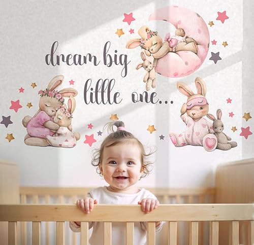 Miniatura 3 de Calcomanías de pared de conejo rosa para habitación de bebé, decoración de pared de conejo, calcomanías de animales para sala de juegos de niños,