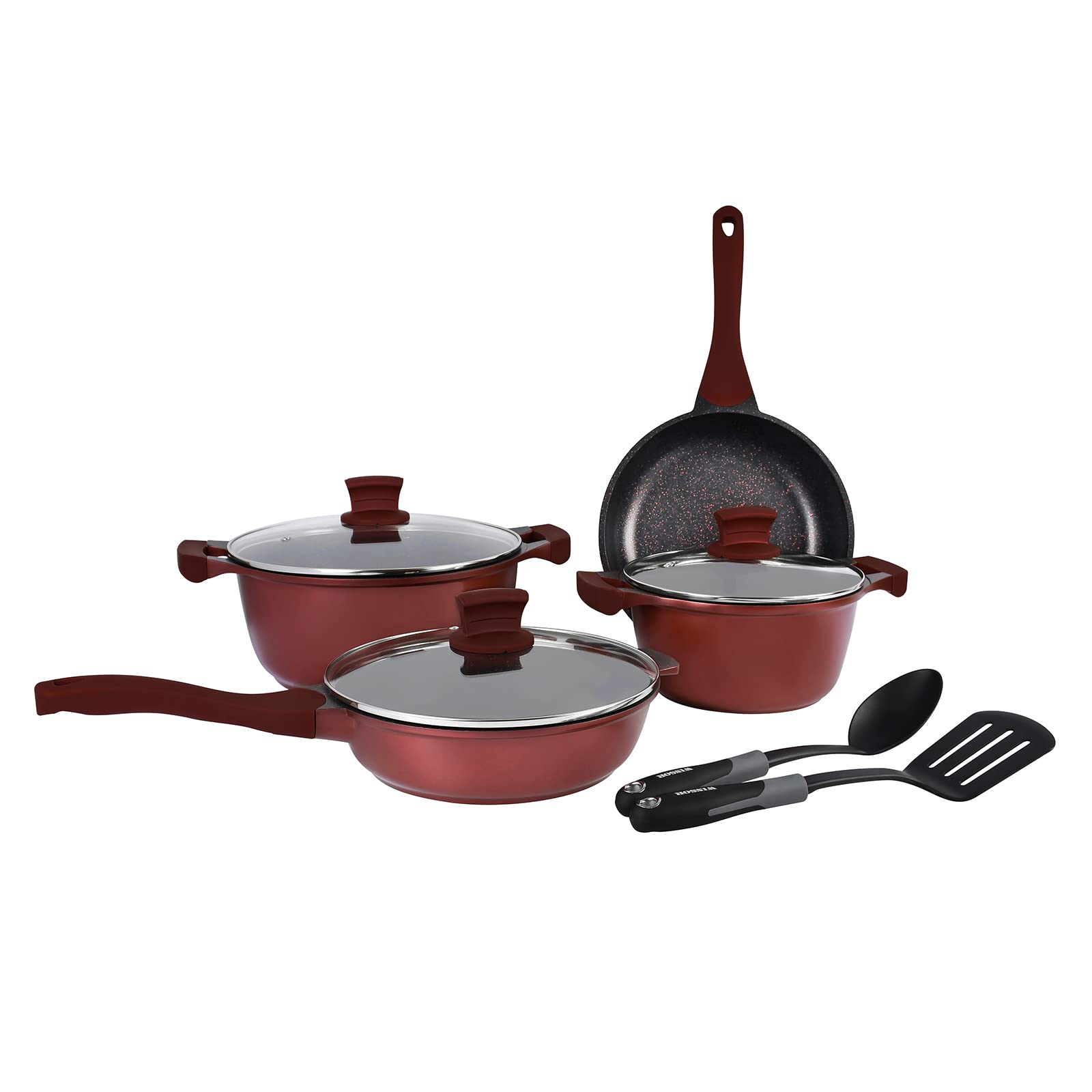 Winsor Cast Aluminium Granite Long Lasting Cookware, 9 Pieces, Red