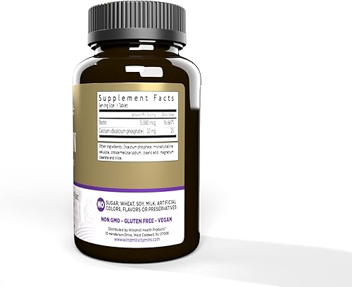 Windmill Natural Vitamins Biotina 5000 mcg, apoya el cabello, la piel y las uñas saludables, potenciador del metabolismo, 60 unidades, 60 porciones