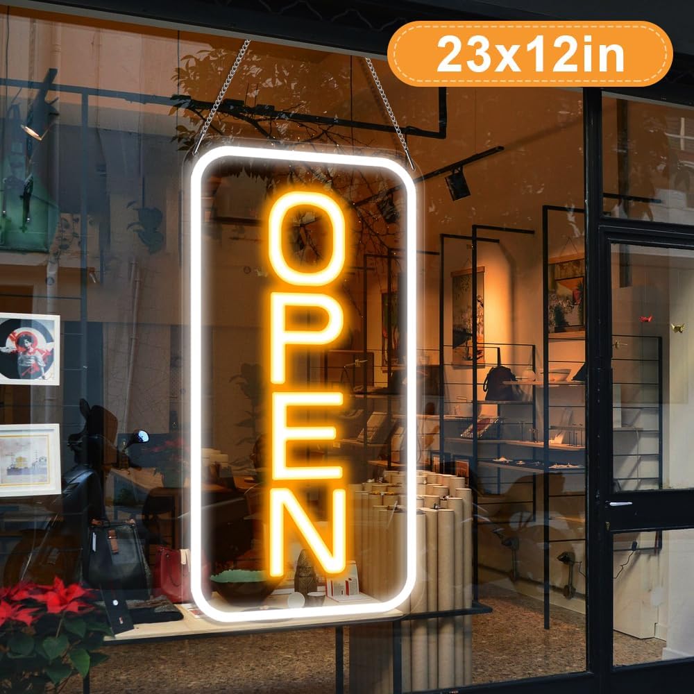 LED Open Sign 23x12 Inch Super Large, 12V Super Bright for Business, Neon Sign for Window Party Wall Shop Salon Club Hotel, Yellow & White, With ON/OFF Switch & Adapter, Vertical