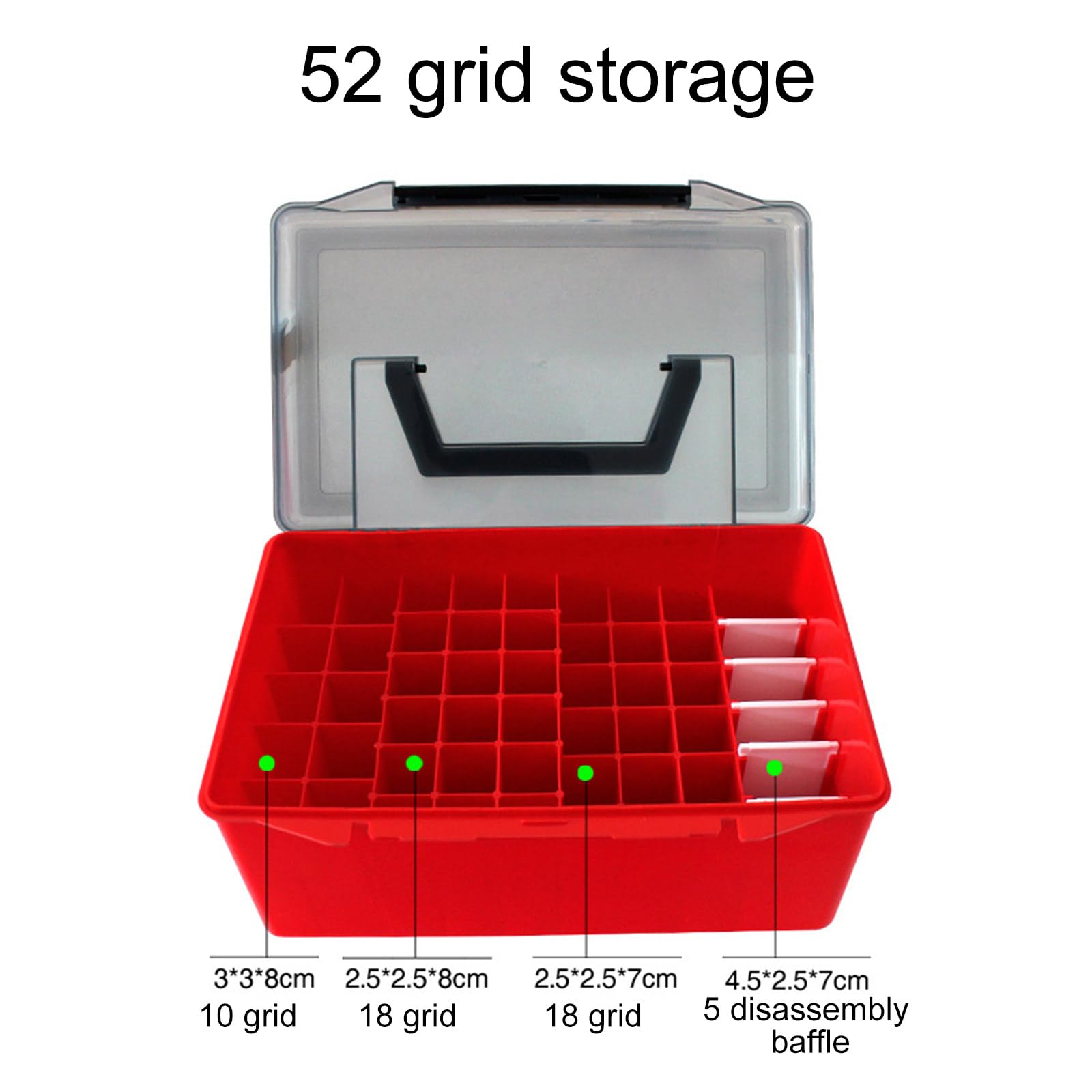 Caja de pesca al aire libre con 52 rejillas de plástico, caja de aparejos de pesca, calamar, señuelos duros, caja de herramientas, caja de almacenamiento de cebos artificiales