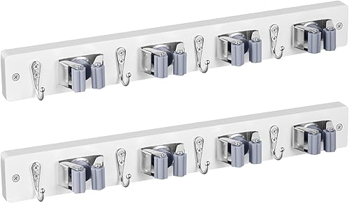 Paquete de 2 soportes para escobas de trapeador de pared, colgador de escoba de madera blanca, organizador de herramientas de jardín montado en la