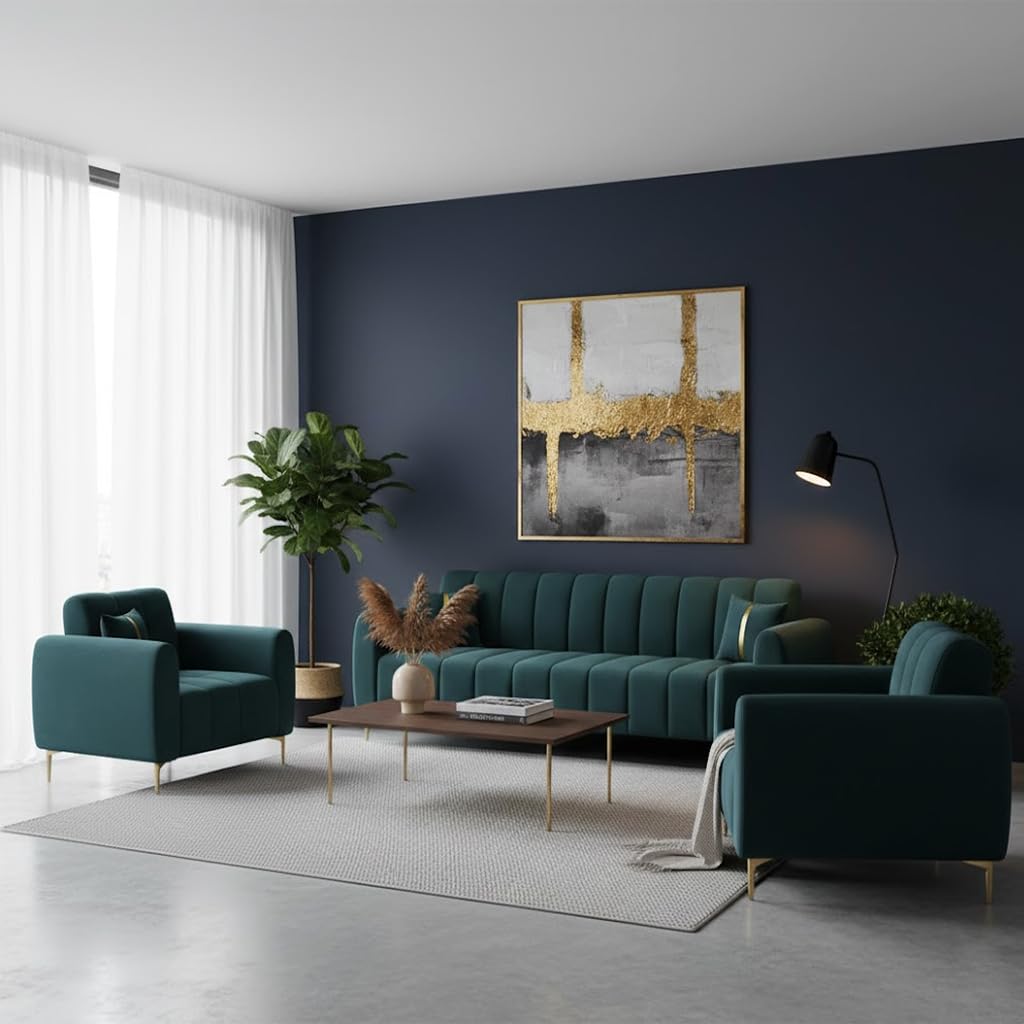 FURNY Harmony 5 Seater Velvet Fabric 3+1+1 Sofa Set (Greenish Teal) with Golden Finish Legs | Durable Comfort | Ideal for Living Room