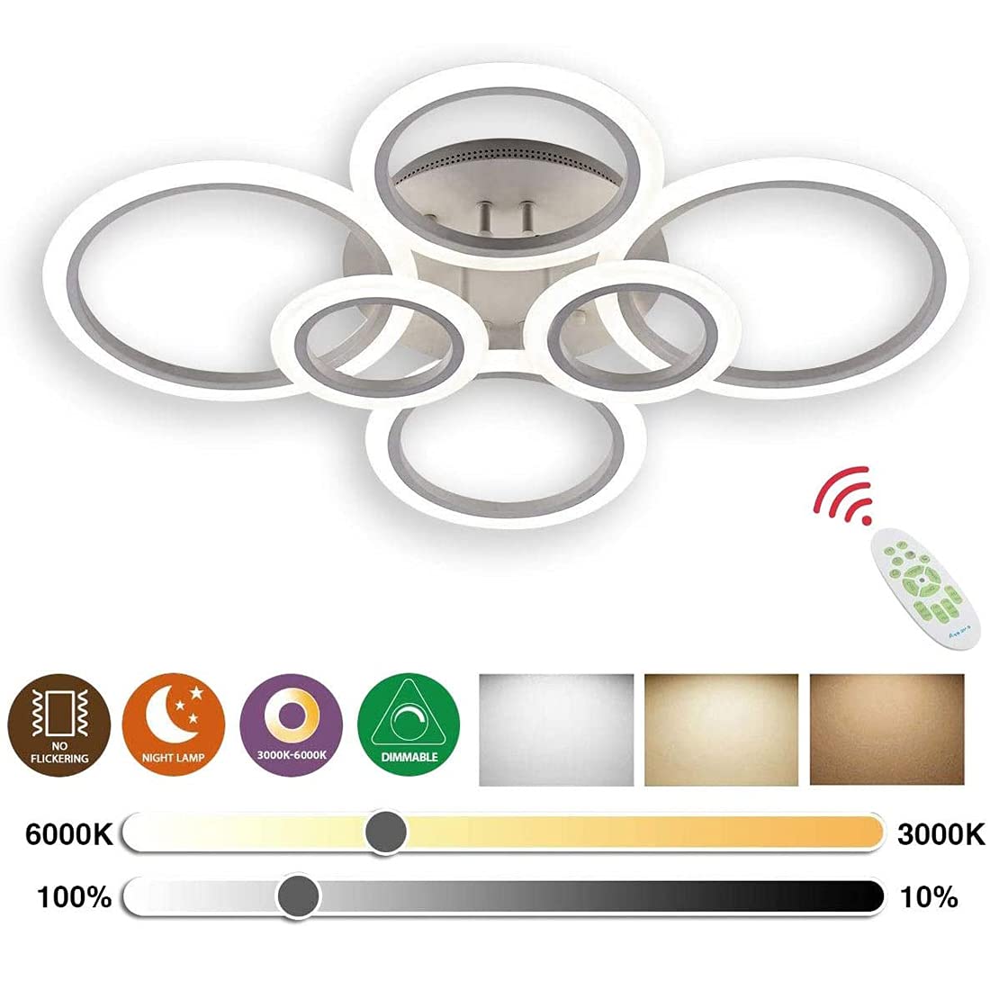 Lampa sufitowa LED z możliwością ściemniania, Ø80 cm, 6400 lm, biały metalowy aluminiowy klosz LED, 6 kółek, pilot zdalnego sterowania 3000K-6000K