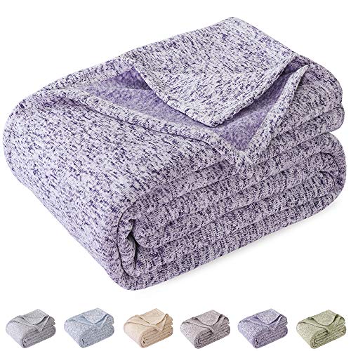 KAWAHOME Summer Knit Blanket Lightweight Breathable Fuzzy Heather Jersey Thin Blanket for Couch Sofa Bed King Size 108 X 90 Inches Purple and White