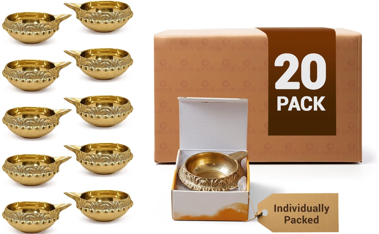 SATVIK 20 Pc Indian Pooja Kuber Diya for Diwali Decoration. Handmade Oil Lamp with Golden Engraved Made of Brass Metal. Vilakku for Puja Pooja. Traditional Indian Deepawali Housewarming Gift Items