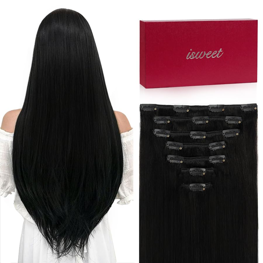 Straight Clip in Hair Extensions Real Human Hair, 7Pcs 18 Inch 105g #1 Jet Black Invisible Natural Soft Remy Human Hair Extension Clip ins, Double Weft Hair Extensions Real Human Hair for Women