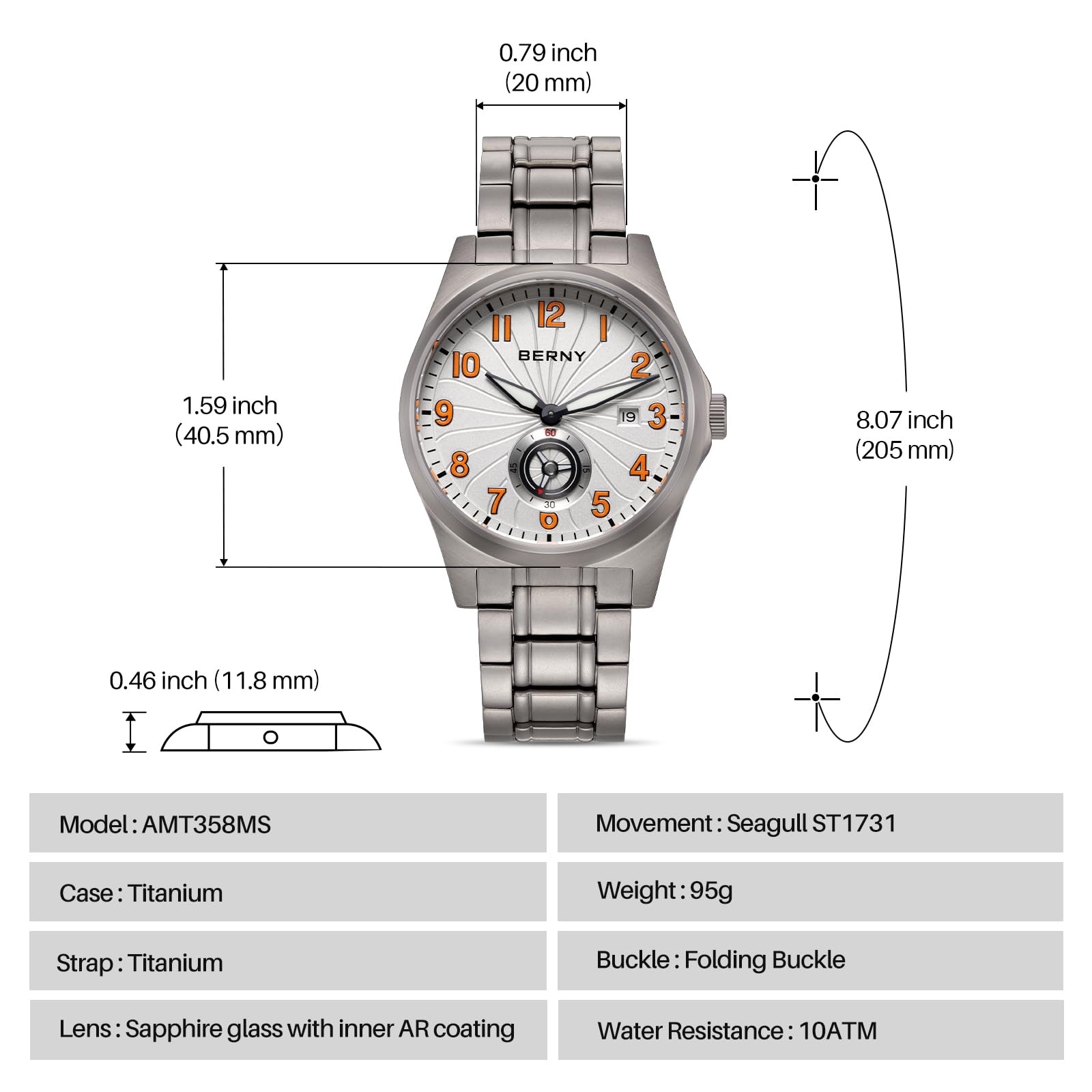 BERNY Titanium Herrenuhr Automatikwerk Klassische Herrenarmbanduhren 10ATM Wasserdicht