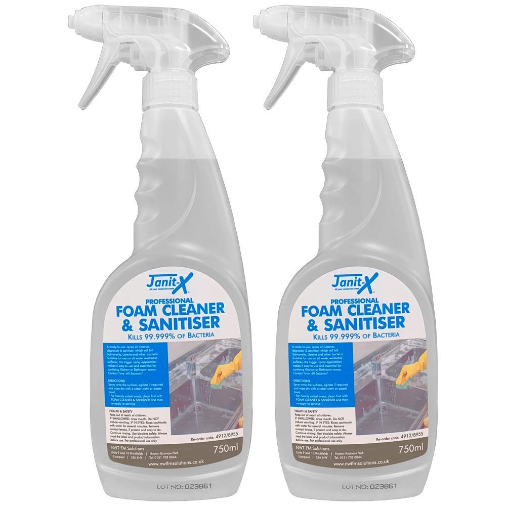 Janit-X Pro-Formula Heavy Duty Fast Acting 750ml Cleaning Products Range (Foam Cleaner & Sanitiser, 2 Bottles)