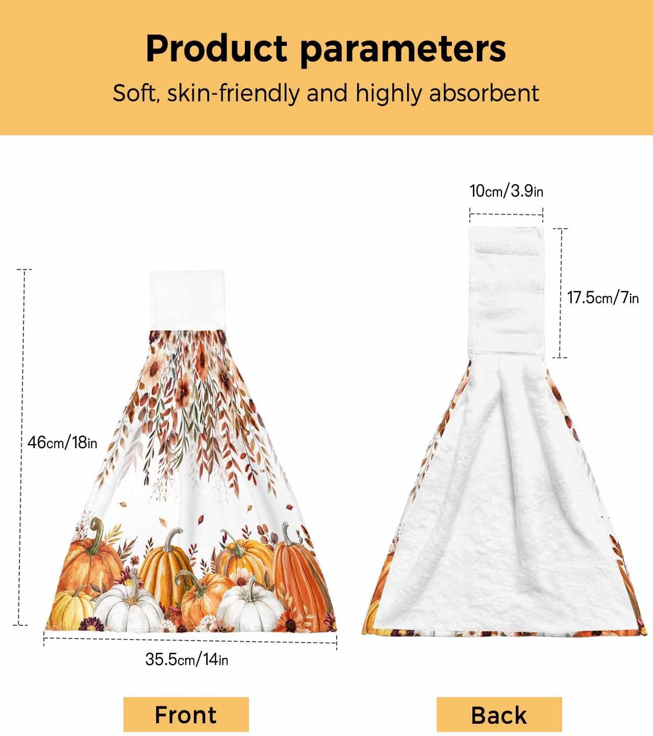 Fall Hanging Kitchen Towels with Loop Harvest Pumpkin Hand Tie Towels Set of 2 Orange Flower Eucalyptus Leaves Soft Absorbent Dish Dry Towel for Kitchen Bathroom Tabletop Tea Bar Thanksgiving Decor