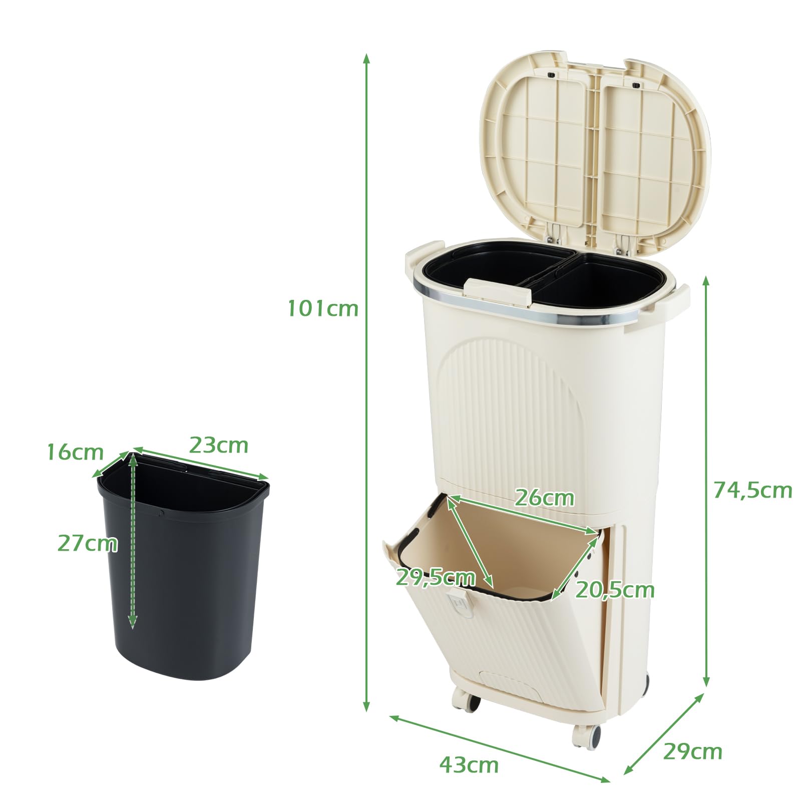 LIFEZEAL Cubo de Basura Reciclado de 38 L, de Plástico Beige, Diseño Vertical de 2 Capas con Pedal Oculto, Tapa a Presión, Ruedas con Frenos y Compartimentos para Clasificación de Residuos (Beige)