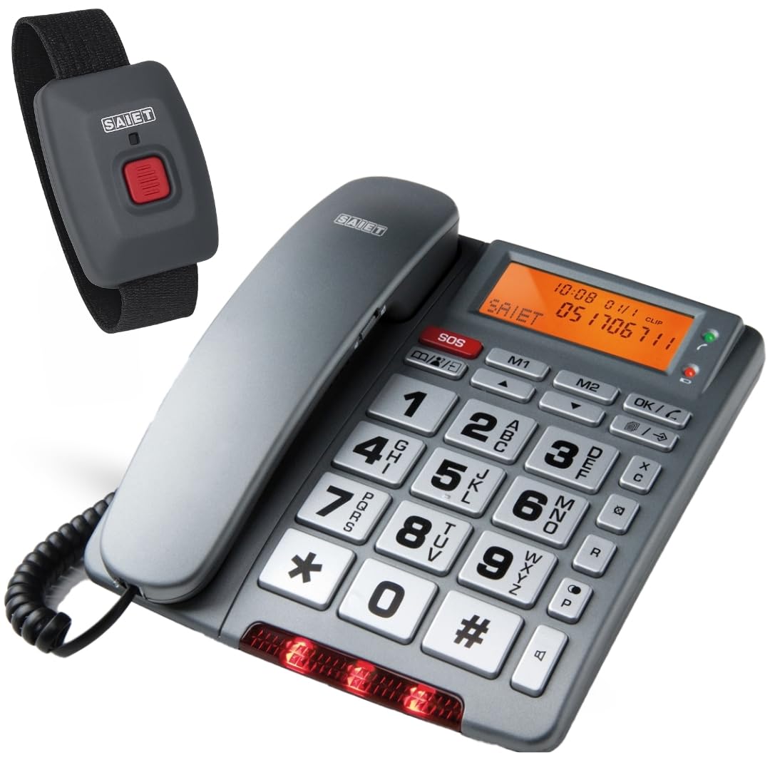 Telefono Fisso con SOS e Telecomando di Emergenza, Tasti Parlanti, SAIET | FAMILY TELE SOS con Display LCD Retroilluminato, Annuncio Vocale del Chiamante, Vivavoce e Rubrica fino a 30 Contatti