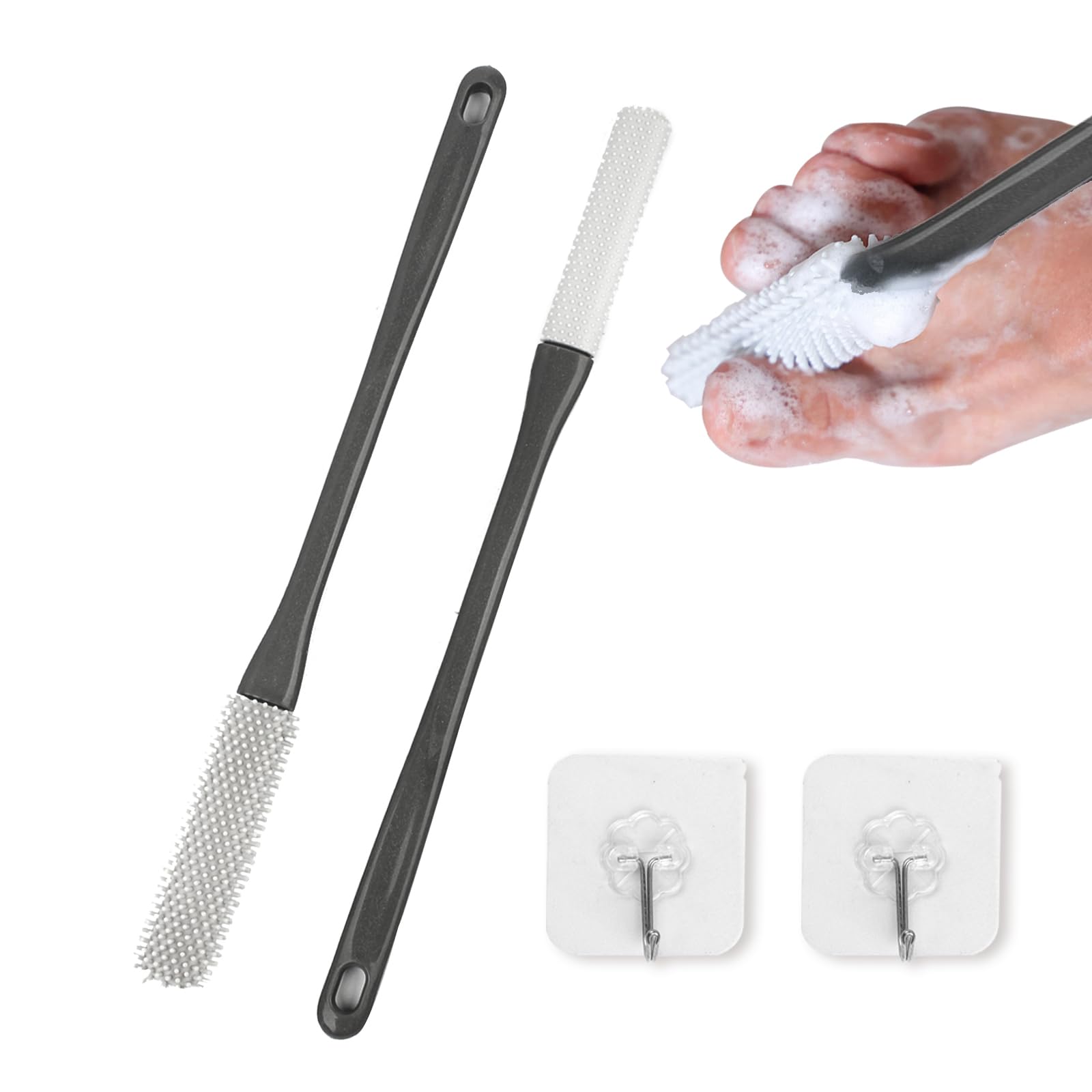 2Pcs Toe Cleaning Brush, Long Reach Foot Cleaning Brush, Long Handle Silicone Toe Gap Scrubber