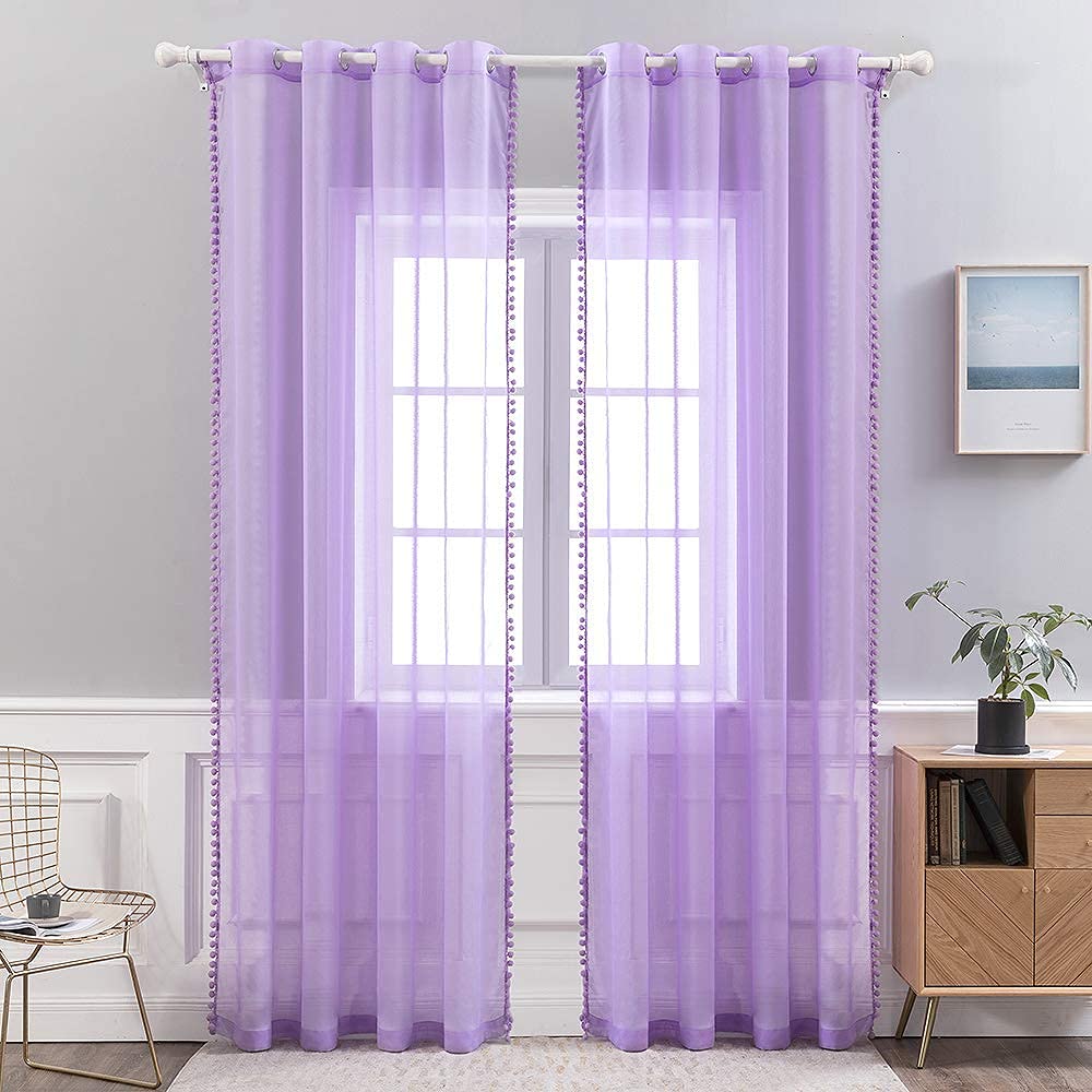 Rideau Voilage à Pompons Turquoise - Lot De 2 (140x225 Cm) - Pour Chambre, Salon - Oeillets