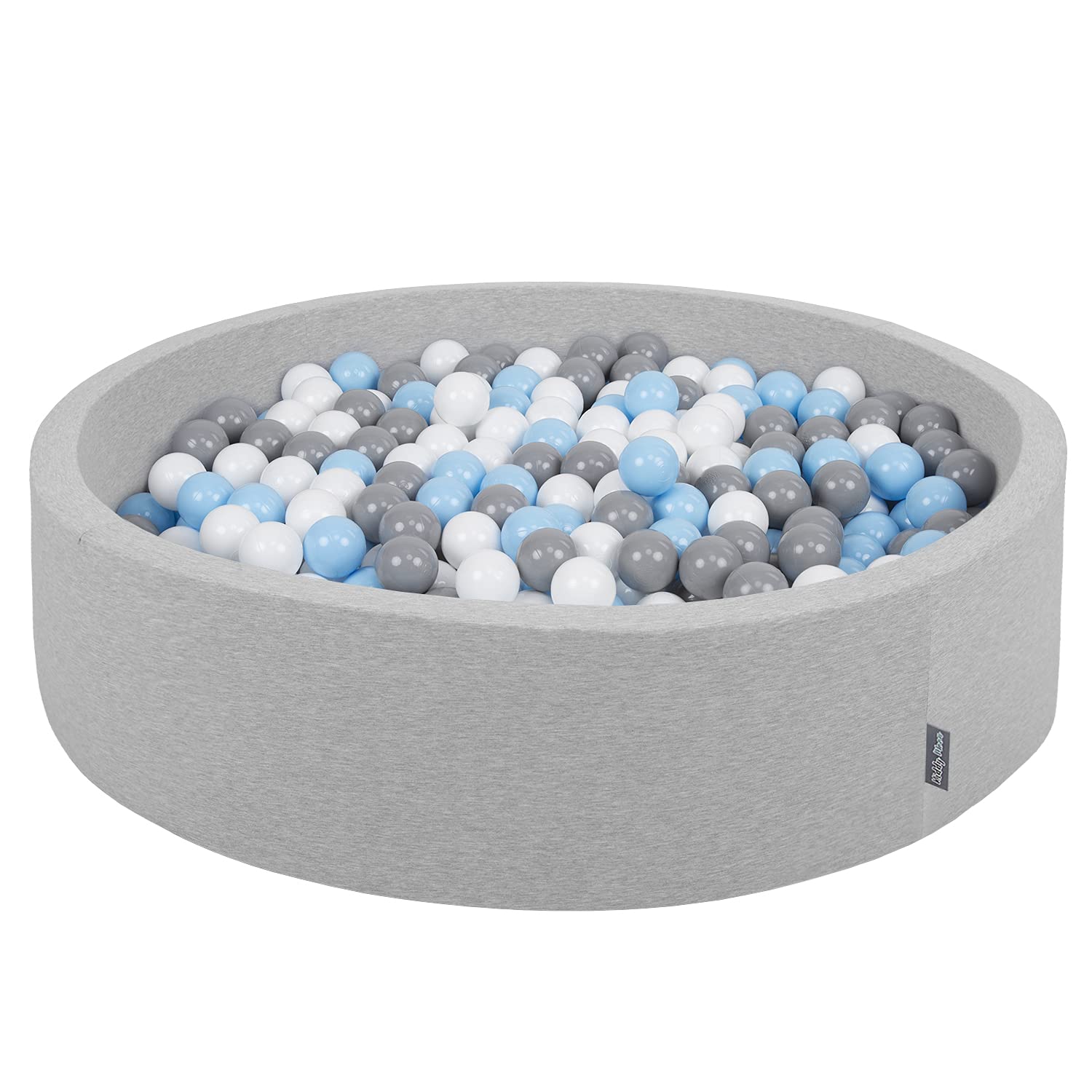 KiddyMoon Soft Ball Pit Round 120X30cm/1000 Balls ∅ 7Cm / 2.75In For Kids, Foam Ball Pool Baby Playballs Children, Made In The EU, Light Grey:Grey-White-Babyblue