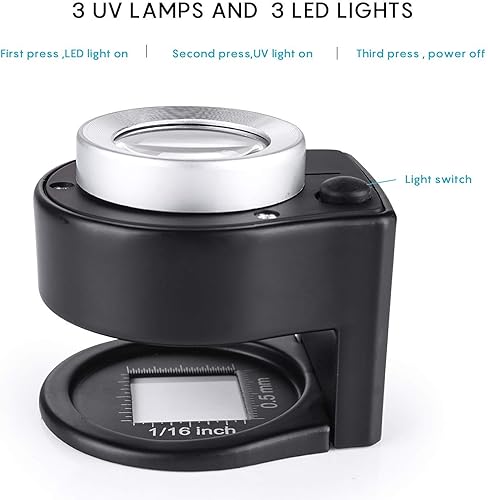 Miniatura 2 de Lupa 30X con 6 luces, lupa de escritorio portátil de metal plegable con escala para costura, lupa de joyería óptica para textiles, monedas, monedas