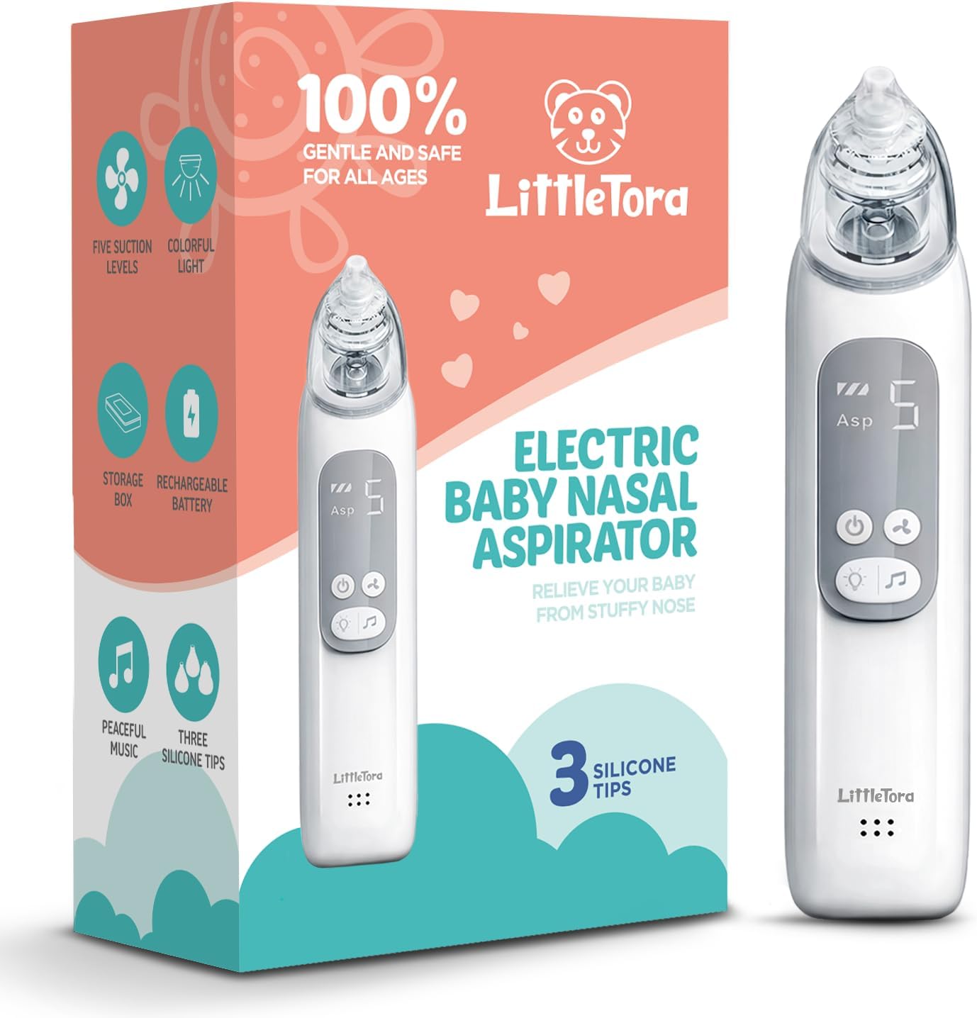 LitteTora Rechargeable Baby Nasal Aspirator - Electric Nose Sucker Baby Nose Cleaner - Toddlers Booger Mucus Sucker - Baby Vac Nasal Aspirator - Infant Booger Suction Removal Device