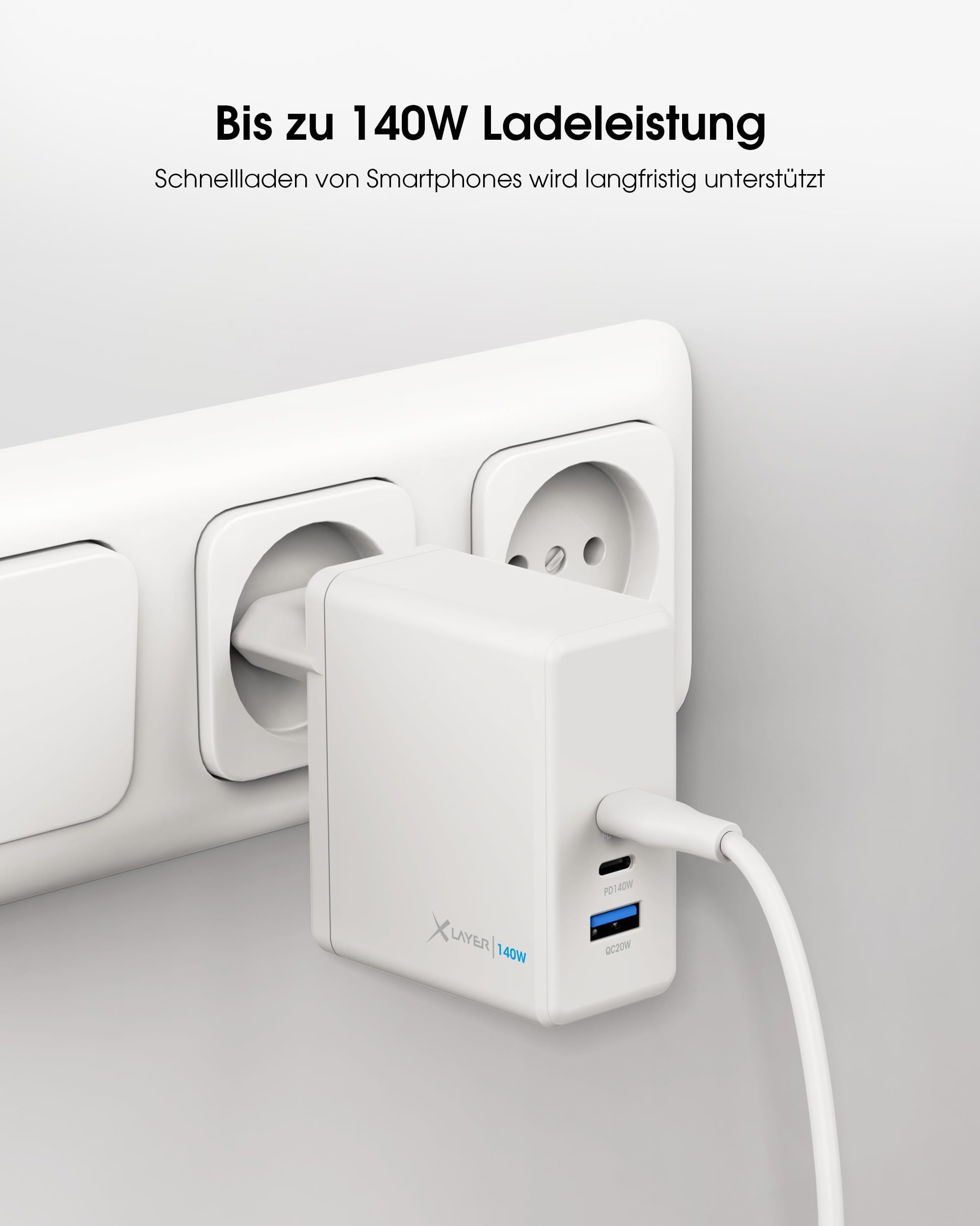 XLayer Powercharger - Caricatore rapido USB-C I 140 W PD I GaN Charger I 3 porte I compatibile con MacBook Pro/Air, iPhone 16 15 Pro Max/15/14 Pro Max/14/13, iPad Pro, Galaxy S23 Ultra/S22, Lenovo