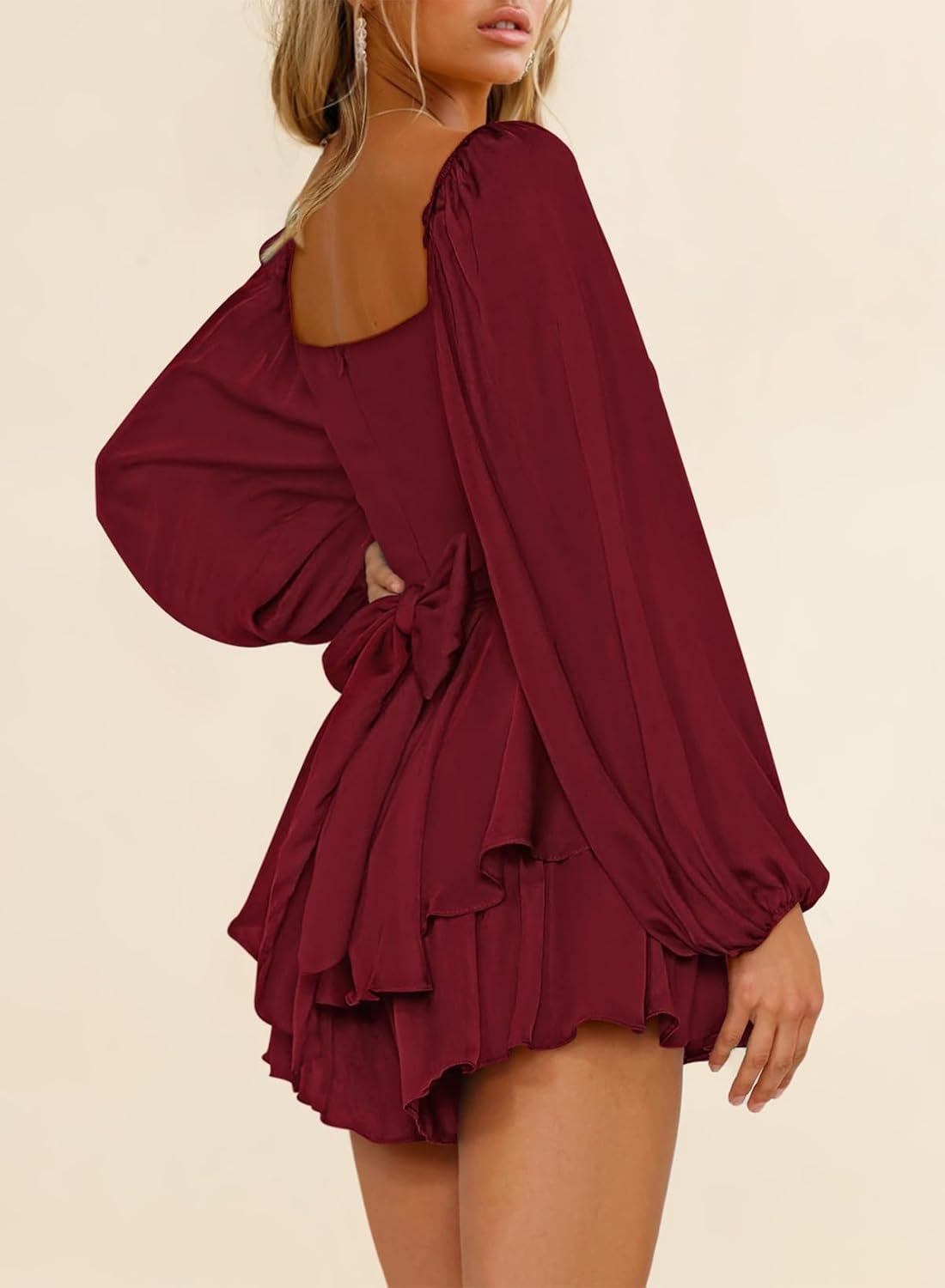 Fixmatti Women off Shoulder Rompers Lantern Long Sleeve Ruffle Tie Mini Shorts Jumpsuit - Image 5