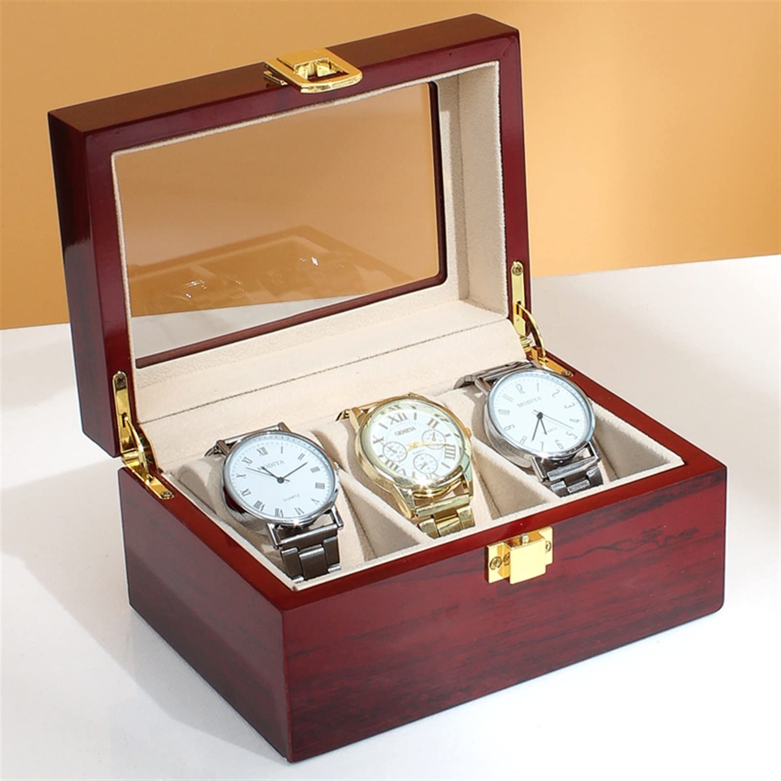 3 Slot Scatola di Legno Scatola Porta Orologi organizzatore for Uomo Laccato Orologio da Uomo Macchina Regalo Quarzo Rosso Scatola di immagazzinaggio Regalo di Compleanno