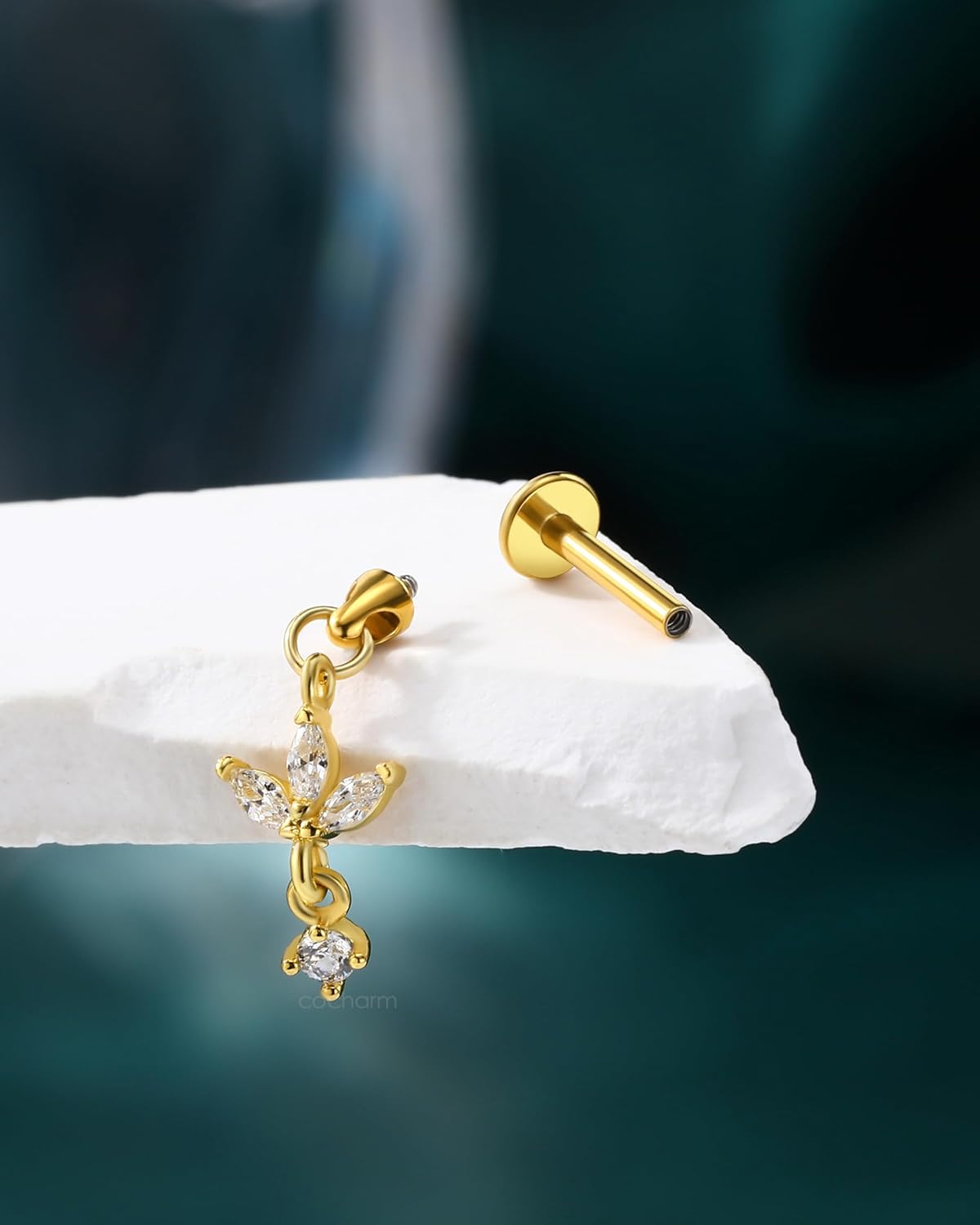 COCHARM 16G Flower Cartilage Earring Vertical Helix Piercing Jewelry, Flat Back Piercing Stud for Cartilage, Dangle Design, Gold and Silver Tone Lobe Helix Earring Stud - Image 5