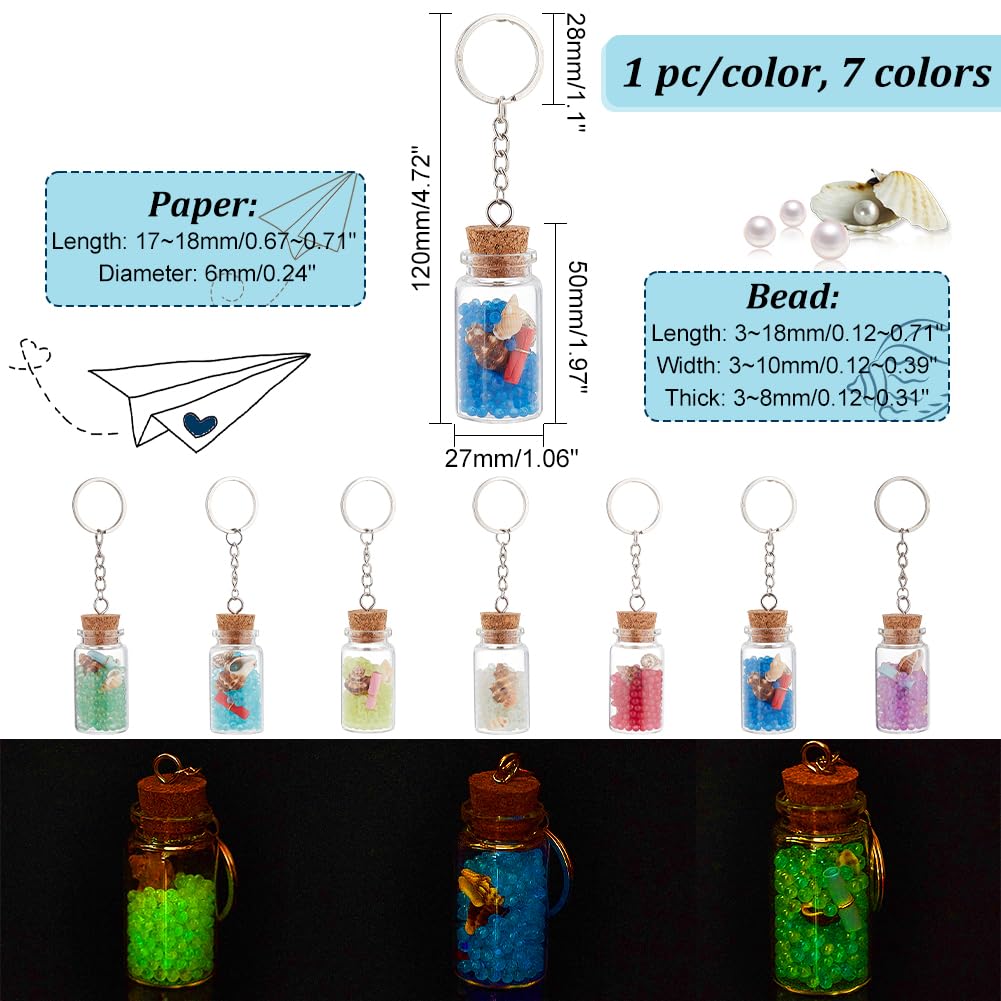 PH PandaHall 7pcs Glass Wish Jar Keychains, 13ml Small Corked Bottles with Luminous Shell Beads Keyrings Mini Glass Wishing Bottles with Cork & Keyrings for Backpack Bag Hanging Wedding Party Favors