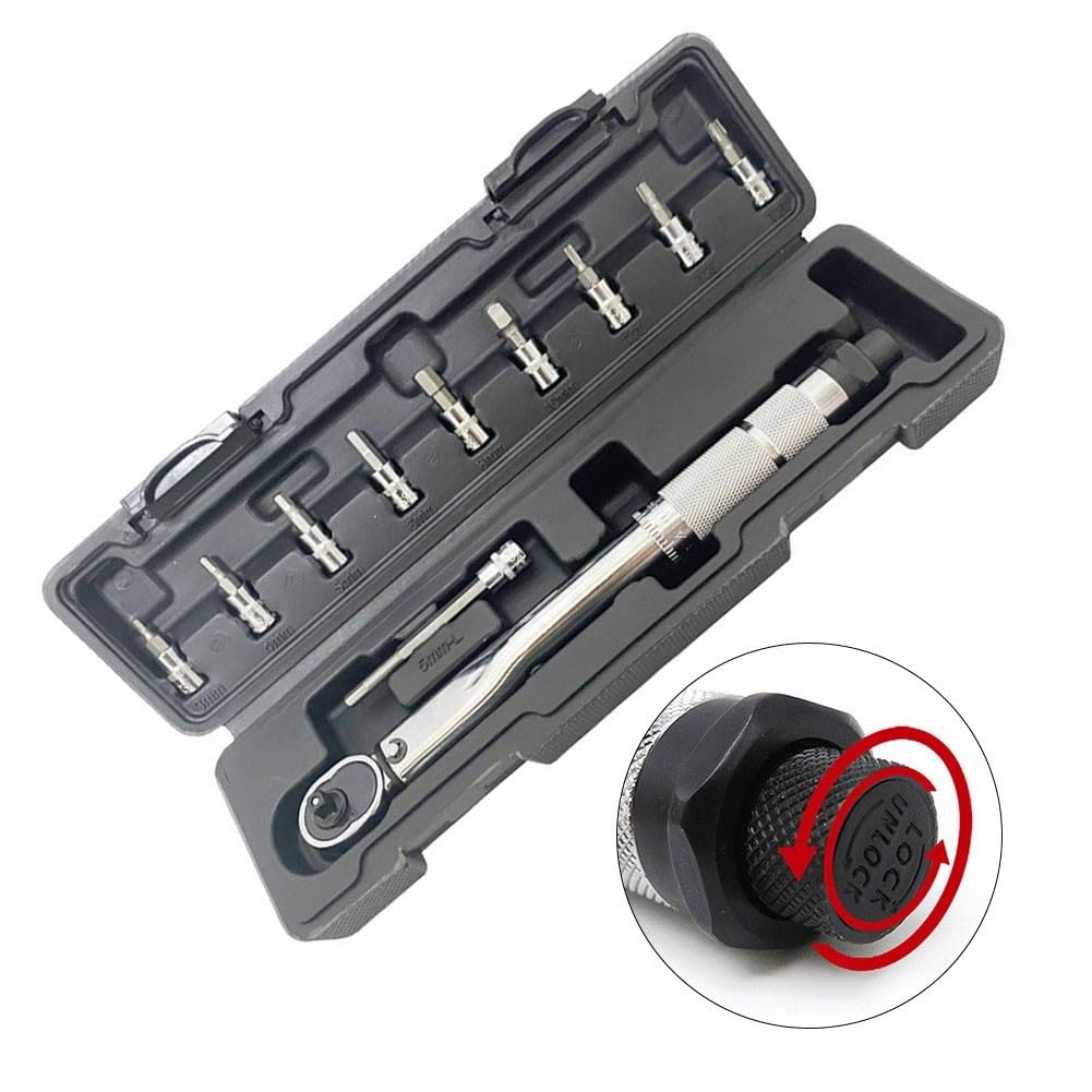 EasyByMall Set di chiavi dinamometriche a scatto da 1/4", 5 – 25 Nm, con 9 prese e asta di prolunga, per riparazione auto e bici, 11 pezzi