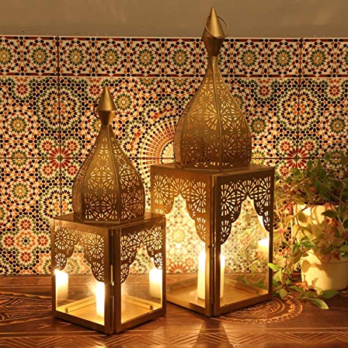Casa Moro Lanterna Orientale Modena Gold L&M, Set da 2 Pezzi in Vetro e Metallo a Forma di minareto | Lanterna in Vetro marocchina portacandele | Bella Illuminazione Natalizia | IRL645