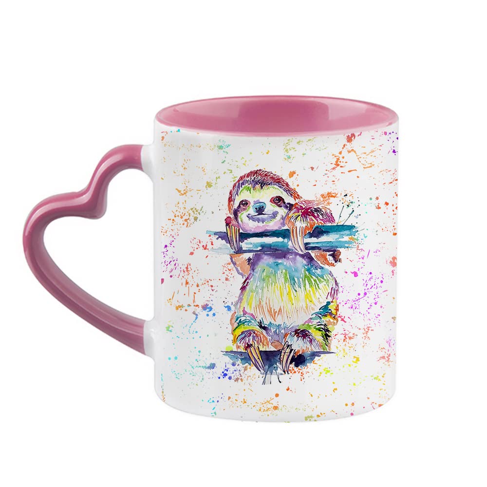 Sloth Beautiful Water Colour Painting Rainbow Art Birthday, Christmas, Secret Santa Coffee Tea Cocoa Soup Daily use Mug Ceramic Heart Handle Coffee Mug. (Pink)