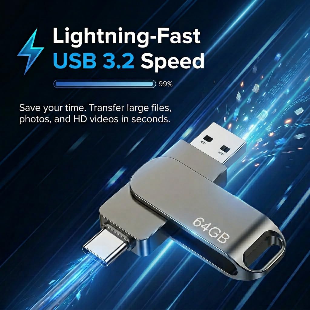 64GB USB Memory Stick 3.2 Type-C Dual Flash Drive for PC, Tablet, Mac, MacBook, Flash Drive Smart Phone High-Speed Memory Stick for Store Songs Photos Video USB to Store Phone Video Files, Black — view 3
