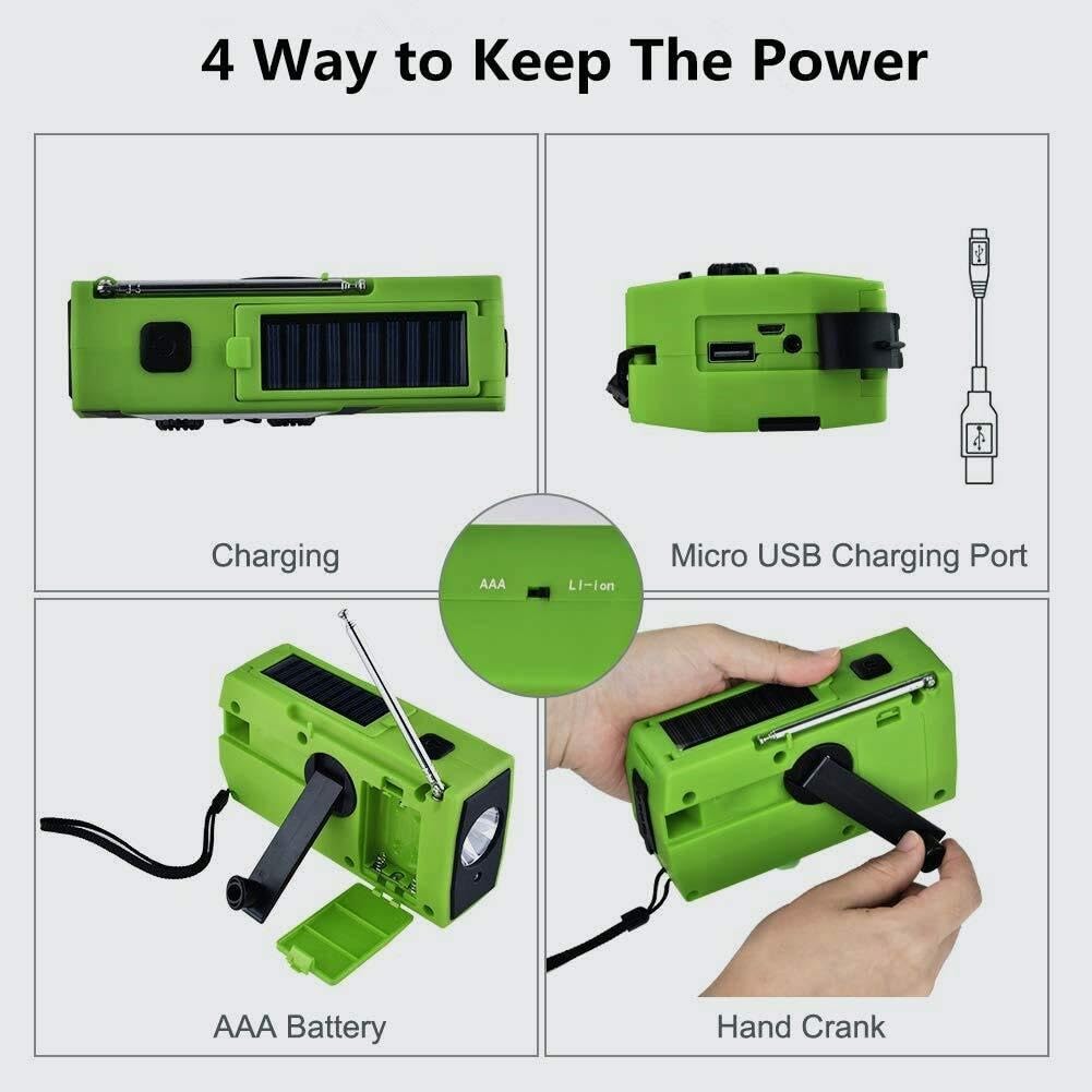 Radio awaryjne, przenośny powerbank 2000 mAh z korbką ręczną, solarnym radiem pogodowym, latarką LED i lampką do czytania, alarm SOS do biwakowania i przetrwania w domu, zielony