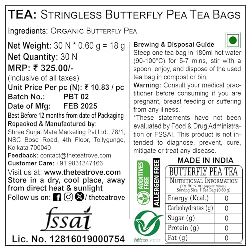 Image of the tea trove Blue Butterfly Pea Flower Tea Bags - 30 Eco-Friendly Aprajita Flower Tea Bag In Resealable Pouch - Caffeine Free Blue Pea Flower For Coolers, Cocktails| Pack Of 1, 18 Gram