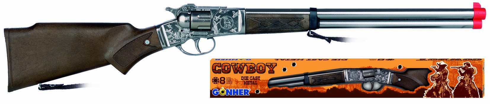 PETERKIN | Classic Gonher 8 Shot Rifle Gun Toy | Diecast metal pretend cowboy rifle with western detailing and wood effect plastic butt | Roleplay Toys | Fancy Dress Accessories | Ages 3+