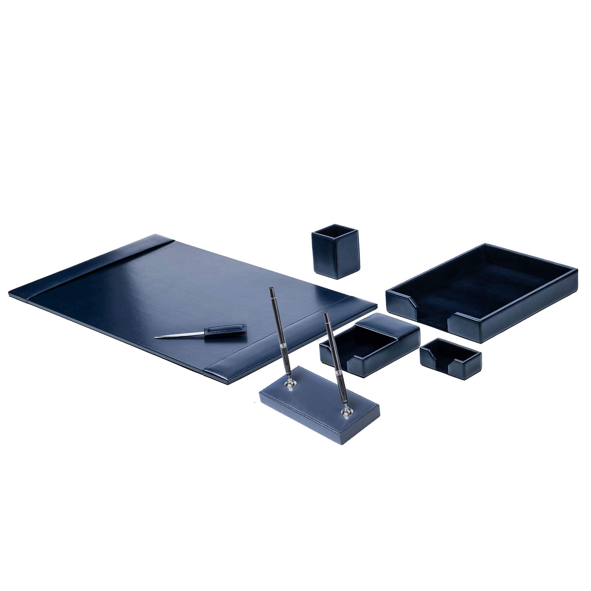 Dacasso Bonded Set di lussuosi sottomano da scrivania e scrivania essenziali per l'organizzazione della scrivania, 7 pezzi, blu navy